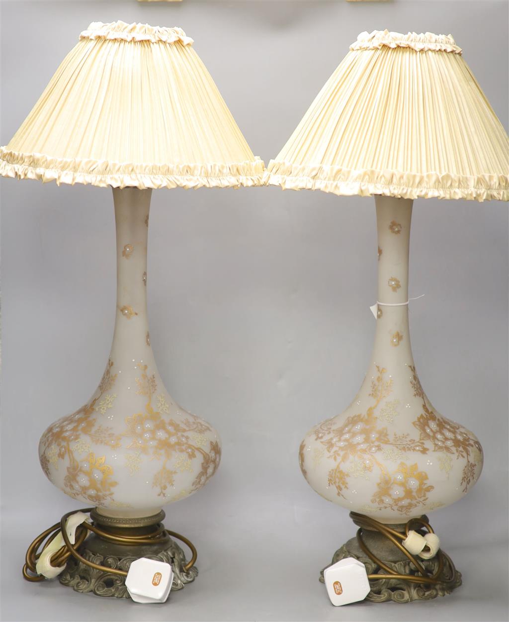 A pair of 19th century French gilt floral decorated frosted glass vases, fitted as table lamps, height 48cm